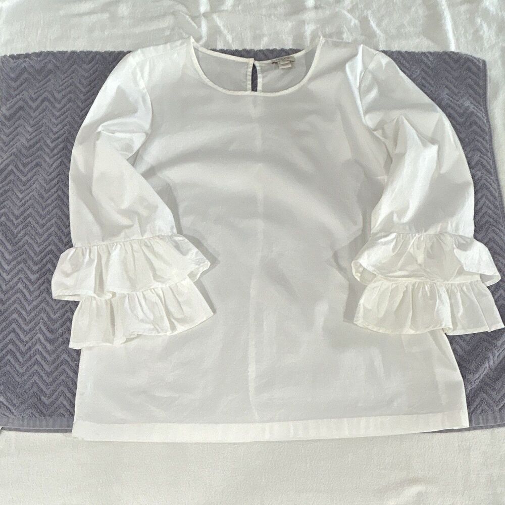 J.CREW White Ruffle Woven Cotton Blend Round Neck 3/4 Sleeve Blouse 4 G7561 0091